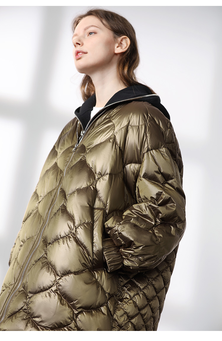 宽松菱形格亮面羽绒服女中长款防风显瘦高端大气冬季外套81712