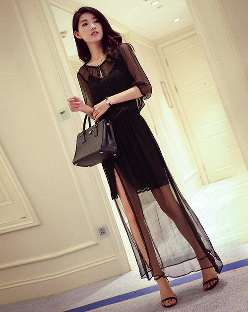 100%桑蚕丝五分袖开叉性感连衣裙流苏装饰飘逸真丝长裙夏yjf9081