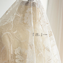 Wedding dress hollow embroidery mesh fabric ivory white champagne silver thread embroidery lace lace fabric