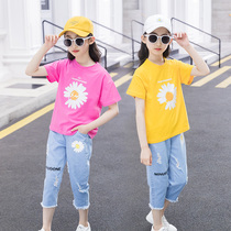 Girls summer short-sleeved suit 2021 summer new childrens denim three-point pants medium and large childrens clothing two-piece set thin section