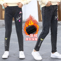 girls' fleece jeans autumn winter clothes for big and small children girl's korean style thickened fleece children's long pants