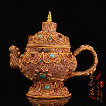Nepalese court royal handmade copper gilt filigree inlaid gems wine pot tea kettle holy water gold utensils old goods