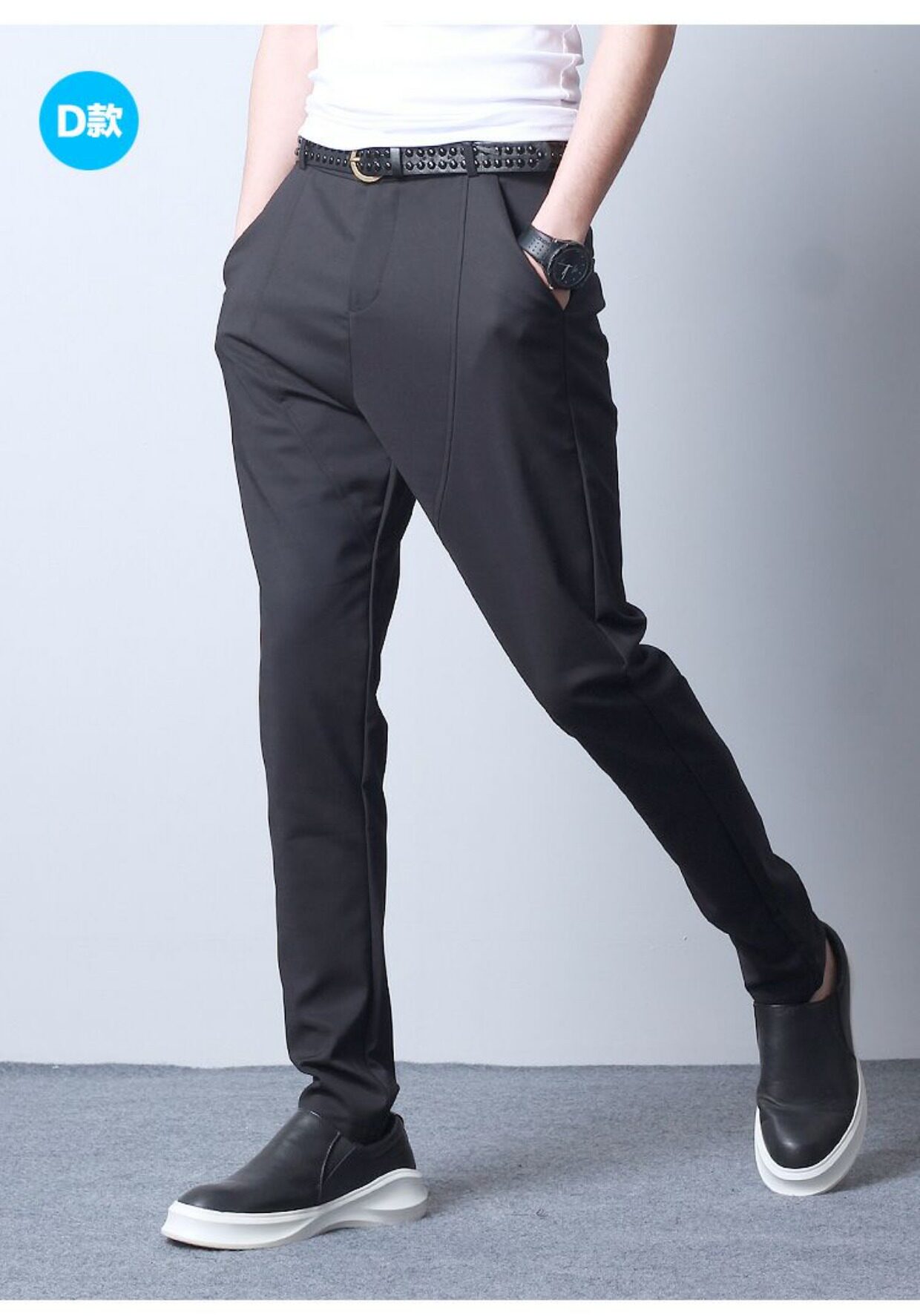 春夏男裤子时尚潮牌纯色休闲裤潮男装修身黑色商务西裤小脚哈伦裤_7折