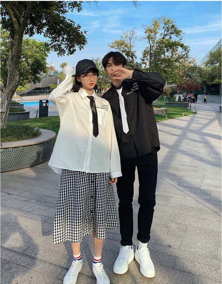 实拍 纯棉学院风领带衬衫男女学生jk黑白色长袖衬衣班服