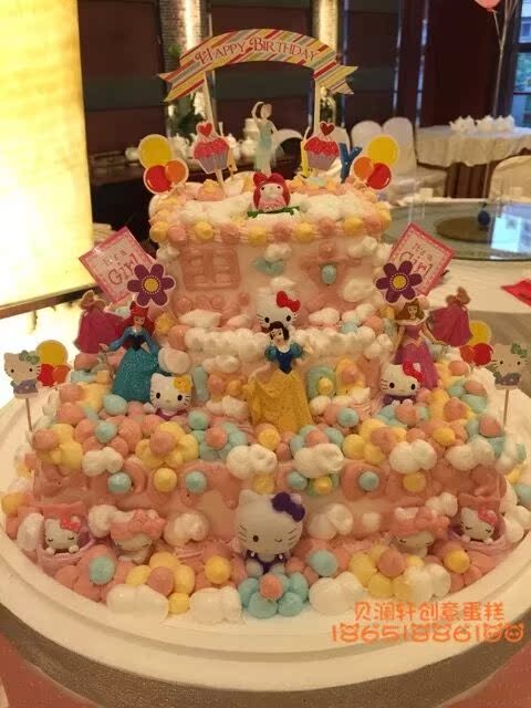 南京贝澜轩女孩十周岁百天满月白雪公主kitty猫公仔三层生日蛋糕