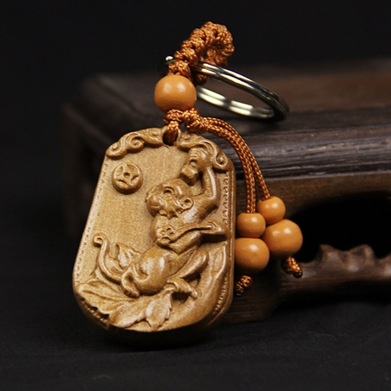 桃木十二生肖挂件钥匙扣木质吊坠链鼠牛虎兔龙蛇马羊猴鸡狗猪