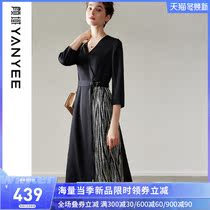 Yanyu big brand stitching dress autumn dress 2021 New slim waist thin temperament black long skirt