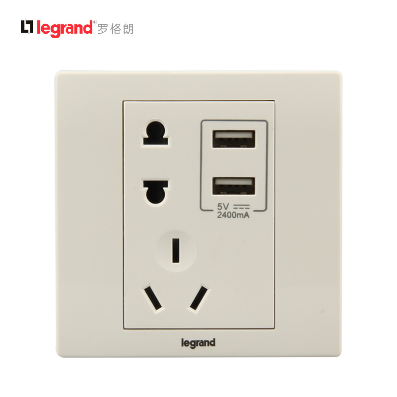 tcl罗格朗墙壁开关插座 5五孔带usb插座2.4a五孔变压直流5v充电插
