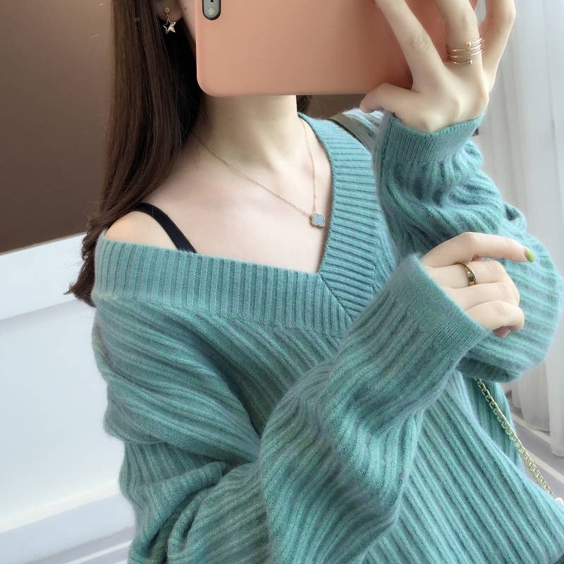 V collar sweater women's autumn winter 2022 new loose Lazy Wind Casual Thickening inside Knit Undershirt Blouses