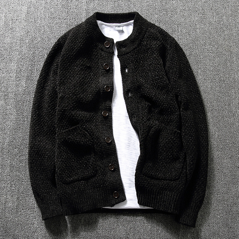 original Japanese retro knitted cardigan men ’s round neck casual autumn and winter trend Korean slim sweater coat men thickening