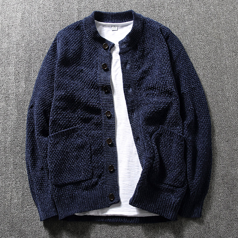 original Japanese retro knitted cardigan men ’s round neck casual autumn and winter trend Korean slim sweater coat men thickening
