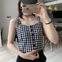 Summer French vest short umbilical adjustable shoulder strap black and white plaid base fashion top trendy women