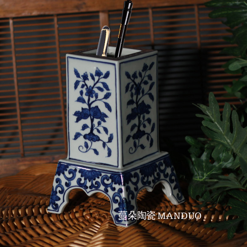 Jingdezhen hand - made flowers and blue and white folding branches blue - and - white porcelain brush pot high Wen Fang jas together celebrates the hall in the the qing dynasty