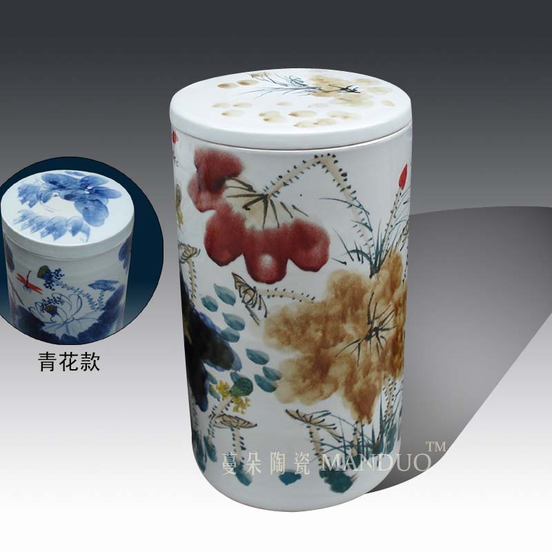 Jingdezhen authentic hand - drawn lotus tea, the seventh, peulthai the ceramic cover quiver straight tube ceramic porcelain rice pot