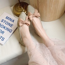 Fairy Lady single shoes 2021 spring flat heels one pedal womens shoes smog blue bow flat mother shoes