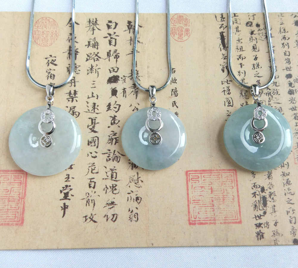 s925银镶翡翠平安扣吊坠锁骨项链天然a货镶嵌冰种玉坠礼物女