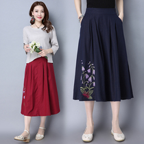 Ethnic womens cotton linen skirt autumn long linen cotton retro literary embroidery Joker Chinese style long skirt