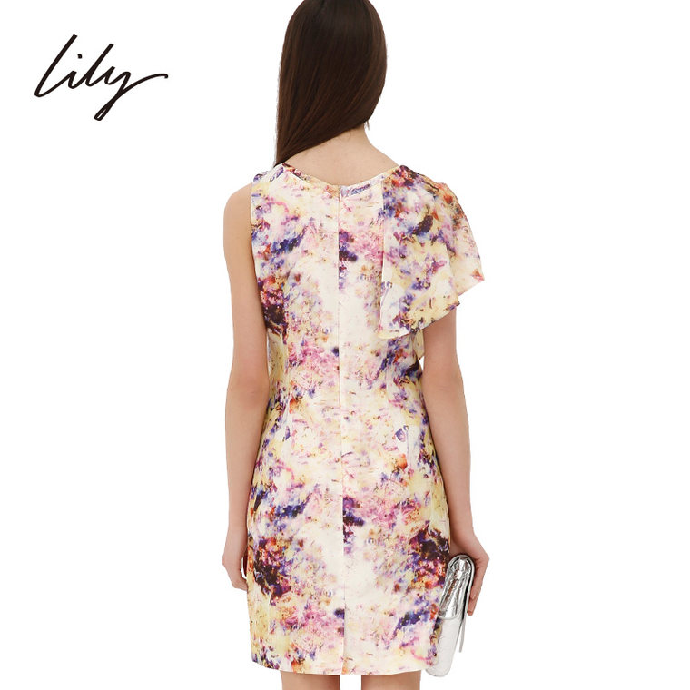 Lily夏装新款女装修身不对称袖圆领抽象印花连衣裙113220C752