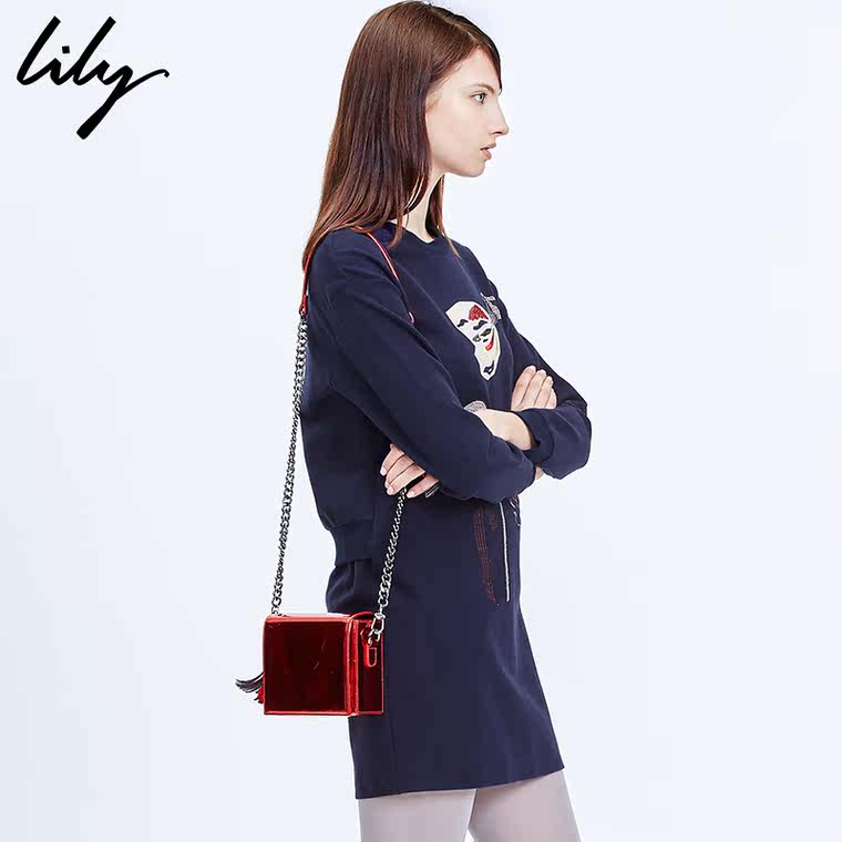 Lily2015冬新款女装印花亮片圆领长袖假两件连衣裙115410A7310