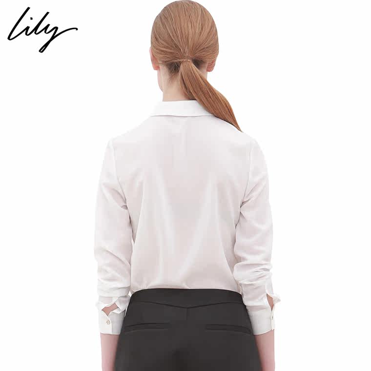 Lily秋装新款女装修身百搭长袖白色雪纺衬衫114330H4308