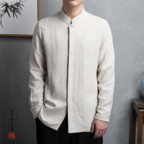 Chinese style men's costume fashion daily long-sleeved linen shirt male grandfather on top Zen costume male improvement Han costume Qiu