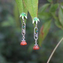 Danni original bamboo | S925 sterling silver enamel south red agate Lotus earrings retro earrings anti-allergic