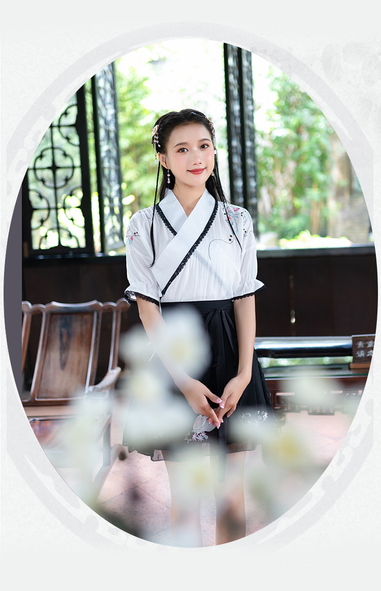 2116改良汉服汉元素改良交领套装学生服黑白搭配夏季新品