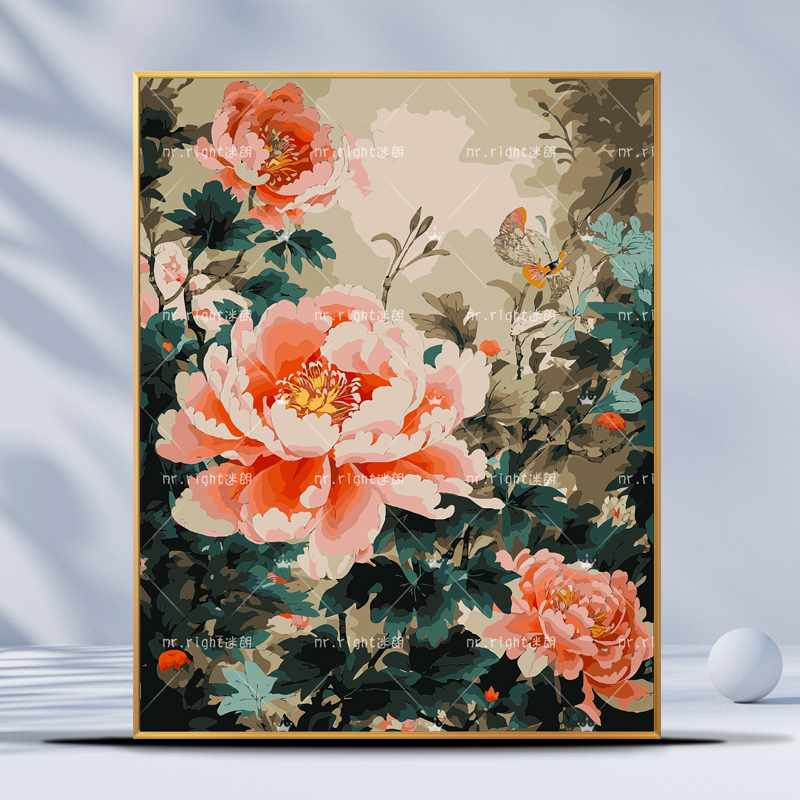 油彩画　【花】　抽象 中国风国潮牡丹花卉画画diy数字油画填充填色丙烯手工手绘油彩画