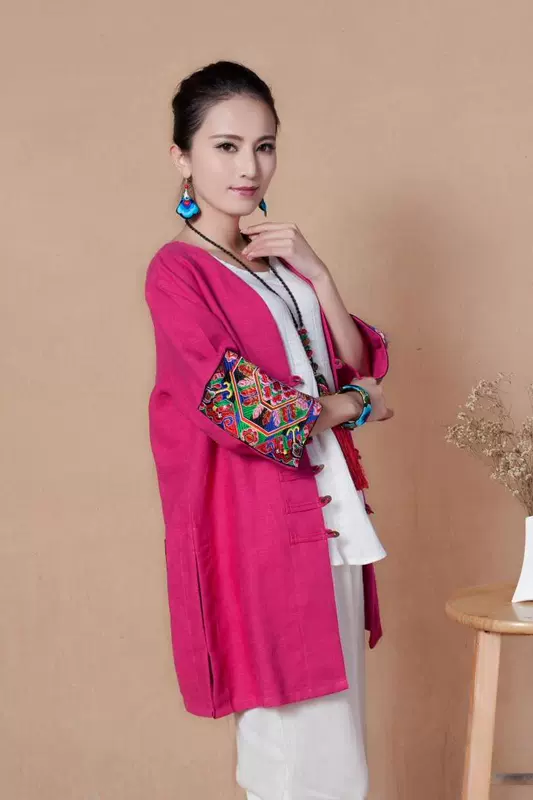 Partridge National Linen Thêu Nút đồng Hàng đầu của Phụ nữ Áo khoác gió dài trung niên Áo khoác ngoài mùa thu và mùa đông - Trench Coat