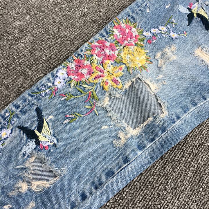 gucci刺繡牛仔褲a貨 超然牛仔褲2020春新款bf翻邊繡花九分褲寬松垮褲刺繡破洞牛仔褲女 gucci牛仔褲