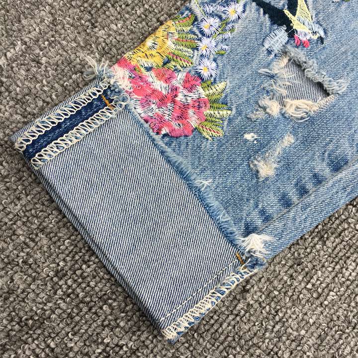 gucci刺繡牛仔褲a貨 超然牛仔褲2020春新款bf翻邊繡花九分褲寬松垮褲刺繡破洞牛仔褲女 gucci牛仔褲