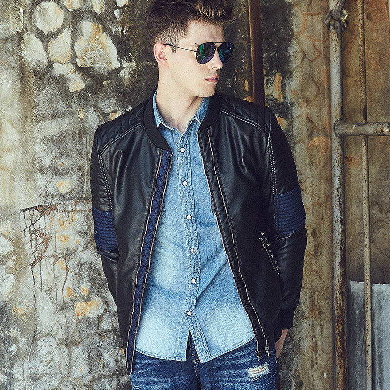 2016冬季新款男士机车皮衣型男欧美立领外套修身拼接青年pu皮夹克_7折