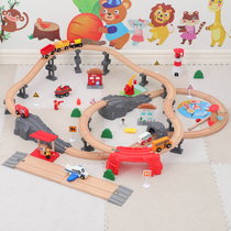 Wooden Small Train Tracks Waterfront Lighthouse Scene Parent-child Interactive Assembly Toy Men and Women Pays 2-6-year-old