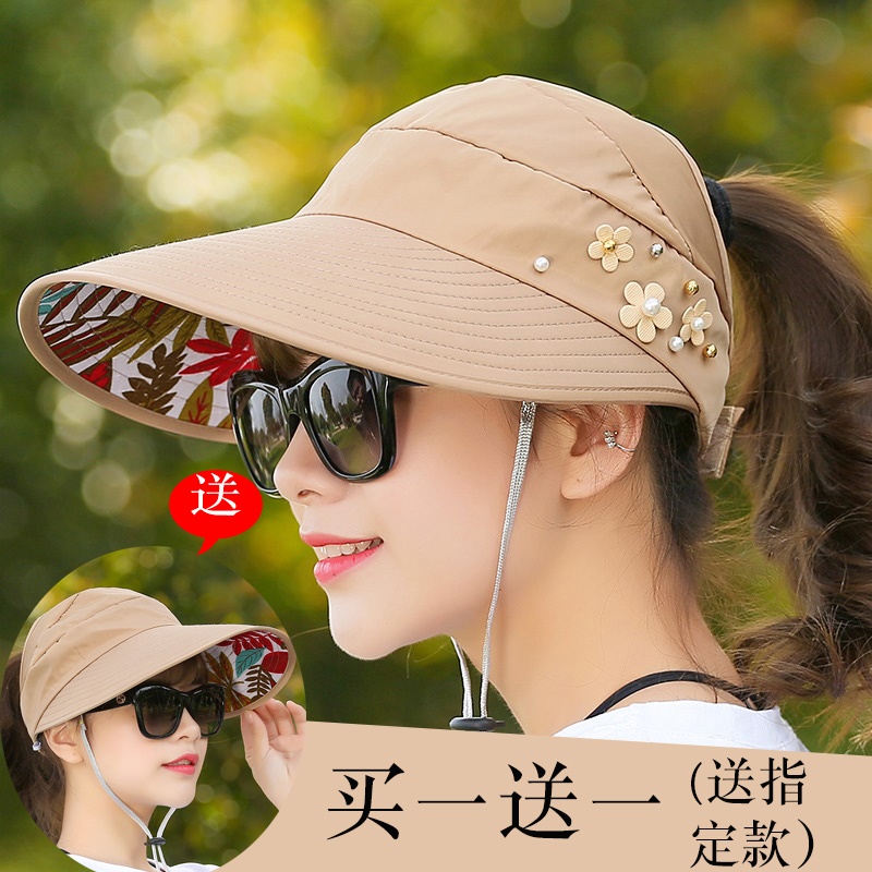 遮阳帽女夏骑车防风遮脸防晒太阳帽漏顶凉帽出游鸭舌帽扎马尾头发图片