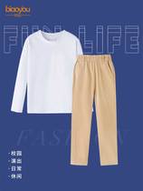 Childrens suit Spring and autumn cotton pure white t-shirt Khaki dark blue school uniform pants Primary and secondary school school uniform suit
