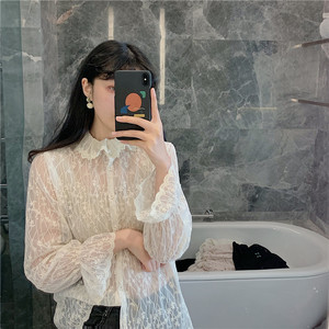 Embroidered lace long sleeve perspective sexy shirt