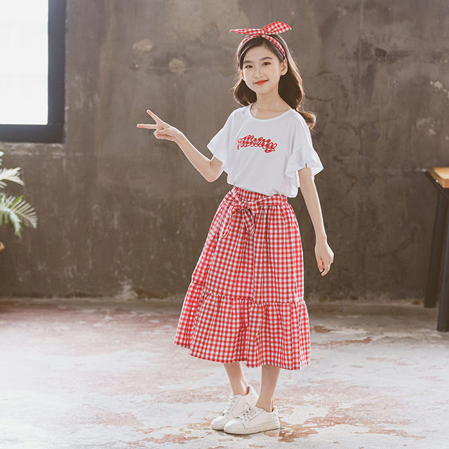 Girls summer T-shirt plaid skirt suit big boy lotus leaf sleeve top half-length skirt pure cotton fresh two-piece set Girls summer T-shirt plaid skirt suit big boy lotus leaf sleeve top half-length skirt pure cotton fresh two-piece set