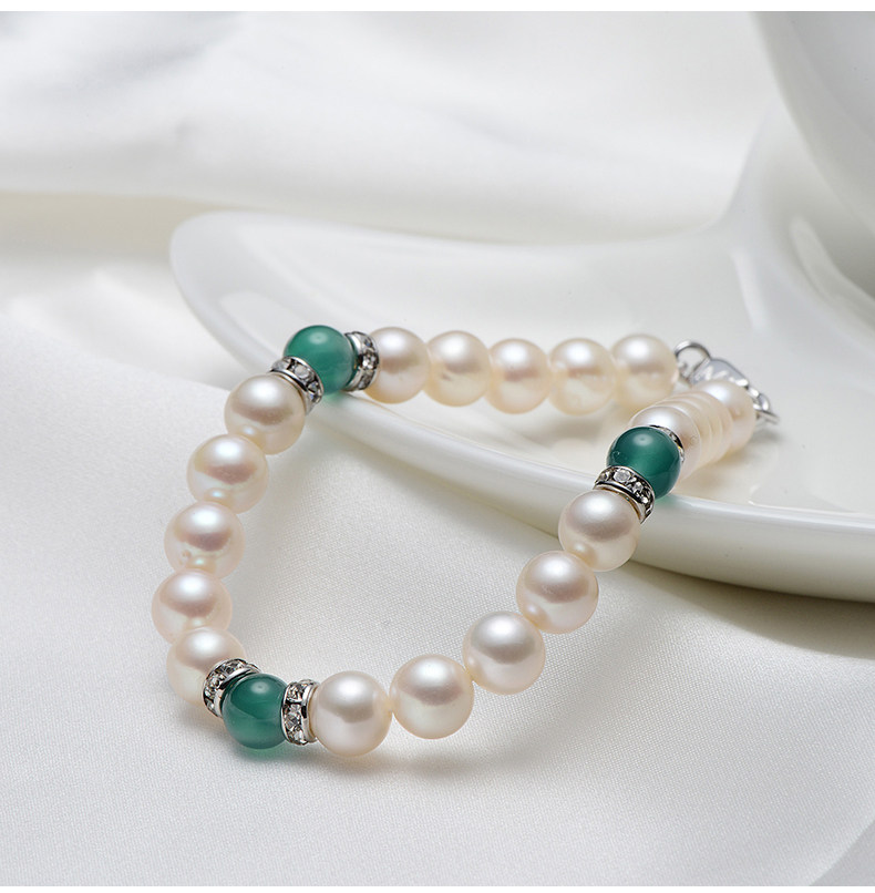 京润 赐福 6-7mm圆形 白色淡水珍珠玛瑙手链 520送女友婆婆