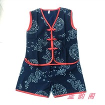 Ethnic style big boy cotton blue calico summer sleeveless vneck vest shorts jacket jacket shorts suit