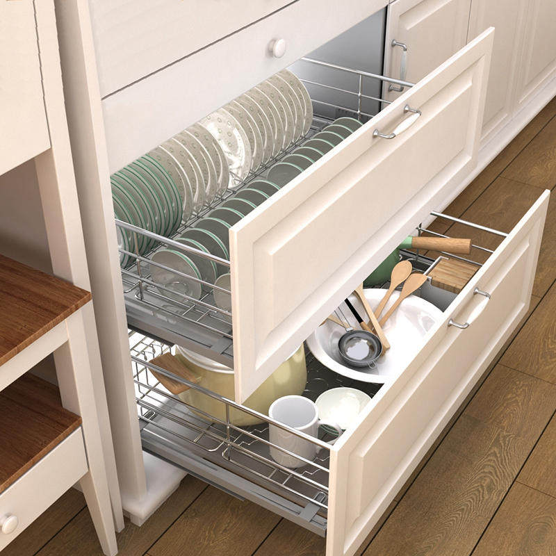 意驰 304不锈钢拉篮阻尼橱柜调味厨房碗篮 厨柜抽屉碗碟碗架双层