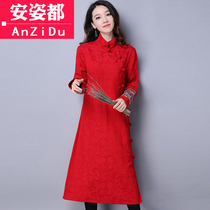 2018 new womens spring Chinese style modified cheongsam dress womens long skirt vintage cotton and linen long dress