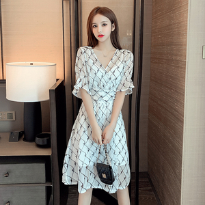 Silk silk retro printed Short Sleeve Dress