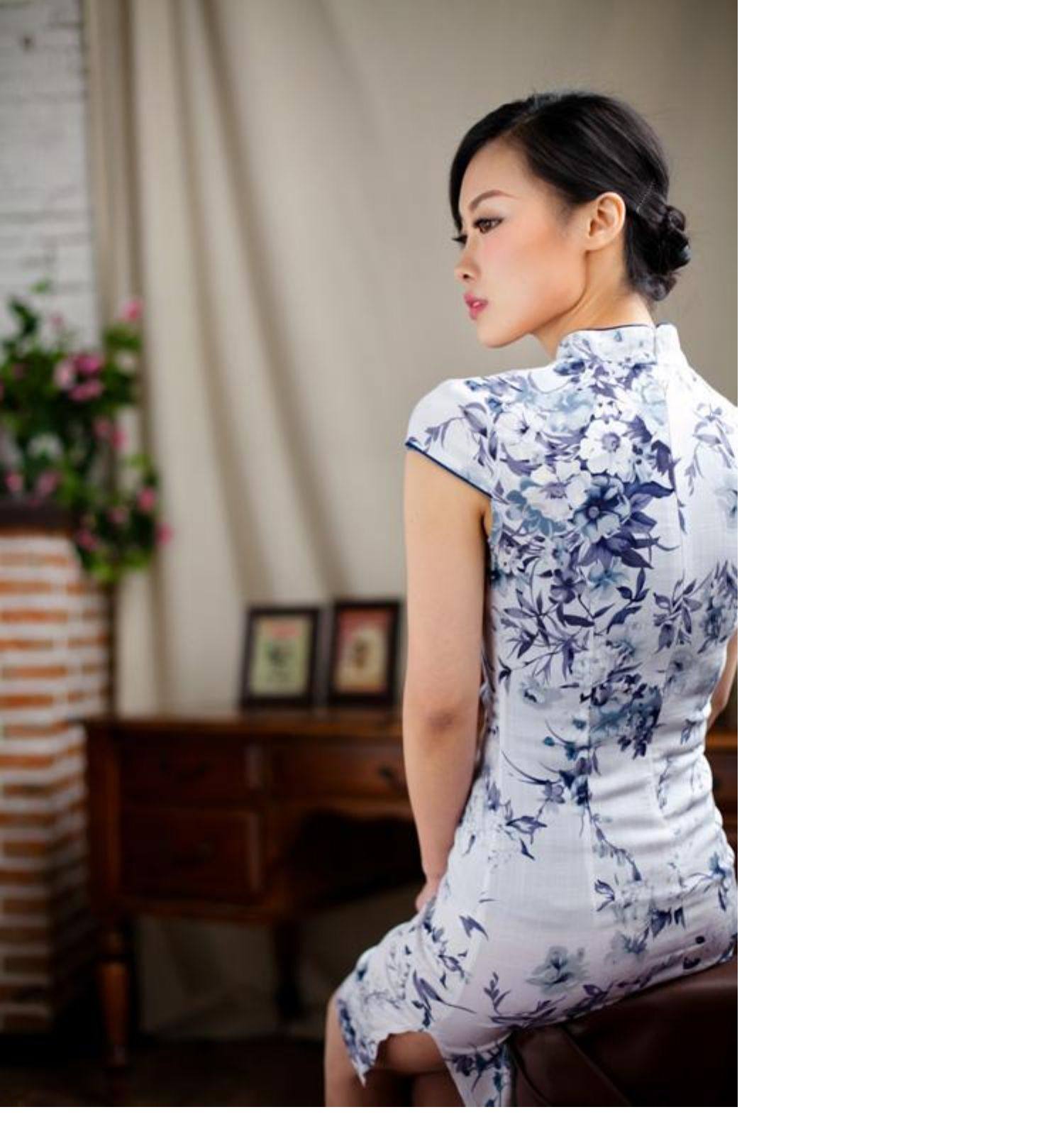 弹力麻旗袍白底小兰花.复古中式礼服性感文艺民族风女装新款夏装