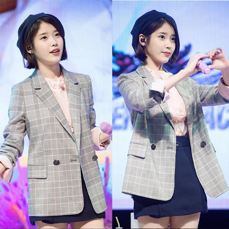 小西装女外套韩版秋季iu李智恩韩国明星同款格子英伦复古长袖西服_不