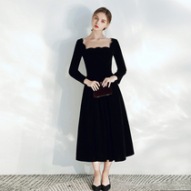 Black evening dress womens short annual meeting thin banquet celebrity temperament can usually wear host velvet dress