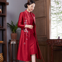 2021 autumn new red silk embroidery cheongsam Chinese style party dress suit dress coat