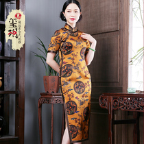 2021 summer new vintage silk print fashion full side open traditional long dress cheongsam dress