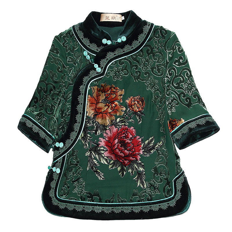 玺玥2018春夏新款复古中国风丝绒烂花唐装旗袍上衣 中式汉服女装