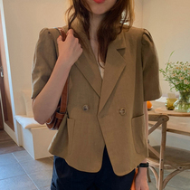 Korea chic summer niche retro lapel two pairs of breasted loose bubble sleeves short cotton and hemp blazer women