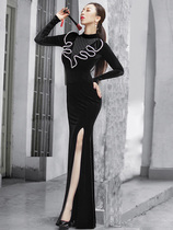 Half high collar long sleeve flash drill net splicing pearl collar velvet 2021 New body etiquette long cheongsam Host Broadcast